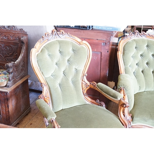 432 - A Scarce Victorian Three Piece Lounge Suite consisting of a Green Button Back Carved Walnut Frame & ... 