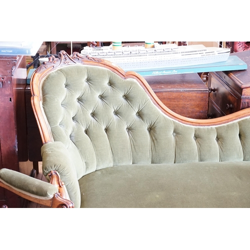 432 - A Scarce Victorian Three Piece Lounge Suite consisting of a Green Button Back Carved Walnut Frame & ... 