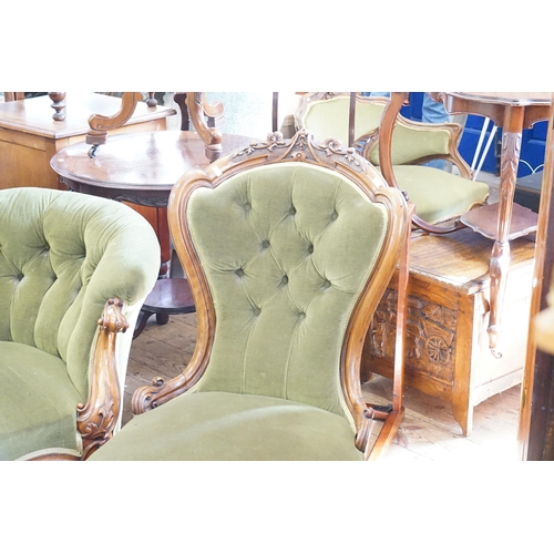 432 - A Scarce Victorian Three Piece Lounge Suite consisting of a Green Button Back Carved Walnut Frame & ... 