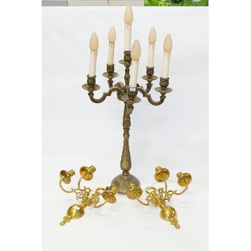 739 - A Pair of Queen Anne design Three Branch Wall Lights & a Candelabra Table Lamp.