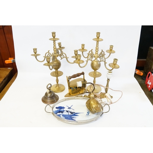 740 - Two Brass Effect Four Branch Candelabra, a Straits Iron, a tray decorated with a Dutch scene, etc.