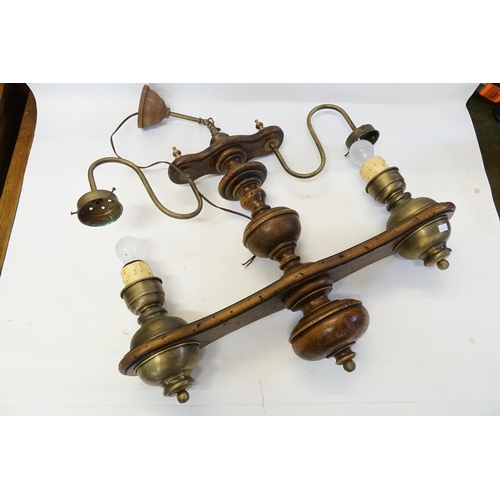 693 - A German made Beer Keller Two Branch Metal & Wood mounted Ceiling Light.