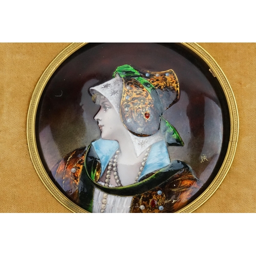 588 - A French Limoges enamelled Circular Portrait of the Burgermeister Daughter, depicting a young with a... 