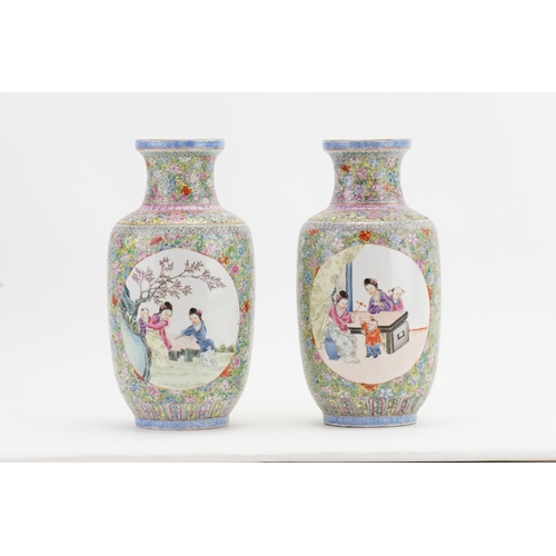 513 - A Pair of Chinese Jin Qua decorated Traditional Bolster Vases decorated with scenes of children & ev... 