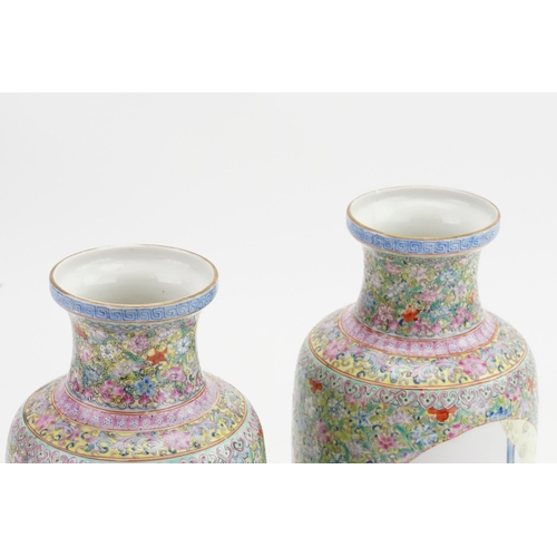 513 - A Pair of Chinese Jin Qua decorated Traditional Bolster Vases decorated with scenes of children & ev... 