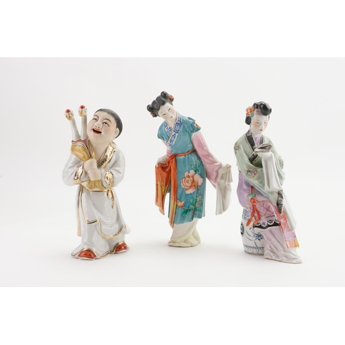 514 - Three Chinese Glazed & Coloured Bisque Figurines depicting a young boy with Geese in sack, a Long Sl... 