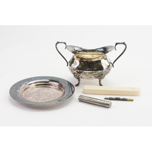 517 - An engraved Needle Case, a sugar basin, Silver Plated Dish, etc.