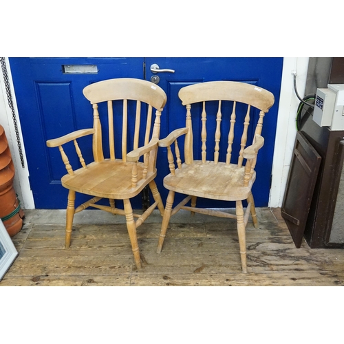 424 - Two Splat Back Kitchen Elbow Chairs with Turned Legs & Cross Stretcher.