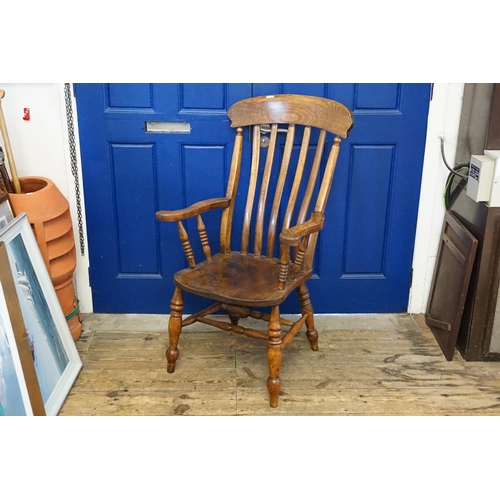 419 - An Antique Elm seated & Beech Splat Back Wide Angled Kitchen Chair with Turned Legs & Stretchers.