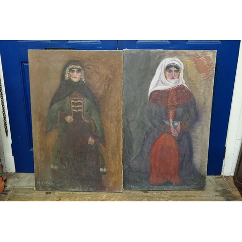 371 - A Pair of Armenian Studies of Ladies in Traditional Costumes, Oil on Canvas's Signed & Dated. Measur... 