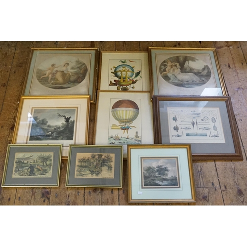 401 - Two Angelica Kauffman Bartolozzi Prints, Fishing Prints, Balloon Prints, etc. (9 in Total).