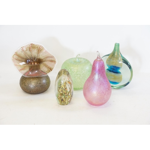 560 - A Modina Glass Slab Vase, two English made Lustre Fruits, a Strathearn Dump & a Studio 