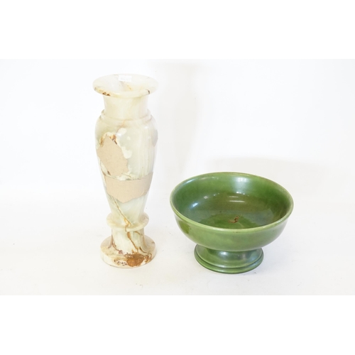 585 - An Onyx Vase & a Green Pottery Bowl.