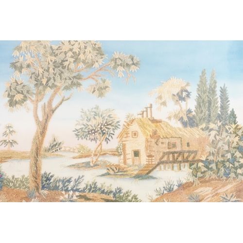 489 - A Rare Georgian period Needlework in Crewel & Cross Stitch depicting a House on a pond with bridge i... 