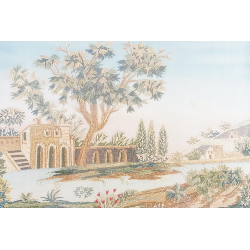 490 - A Rare Georgian period Needlework in Crewel & Cross Stitch depicting a Bath House/Pavilion with buil... 