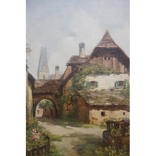 363 - A Continental School Oil on Canvas of a Swiss Courtyard scene with church in background, signed Fugg... 