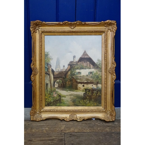 363 - A Continental School Oil on Canvas of a Swiss Courtyard scene with church in background, signed Fugg... 