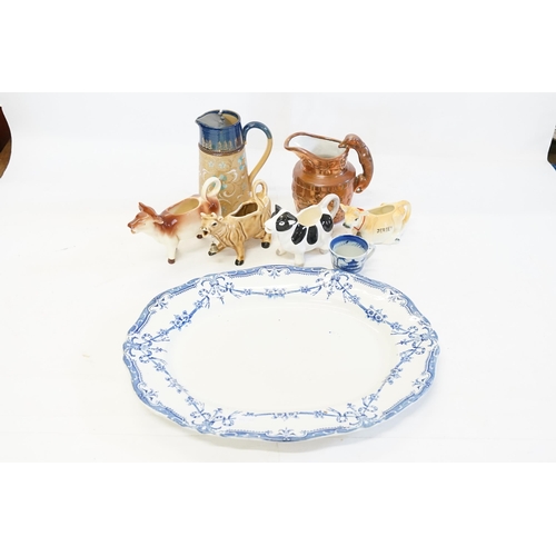 582 - Four Various Cow Creamers, a Royal Doulton Hot Water Jug, Copper Lustre, Meat Plate, etc.