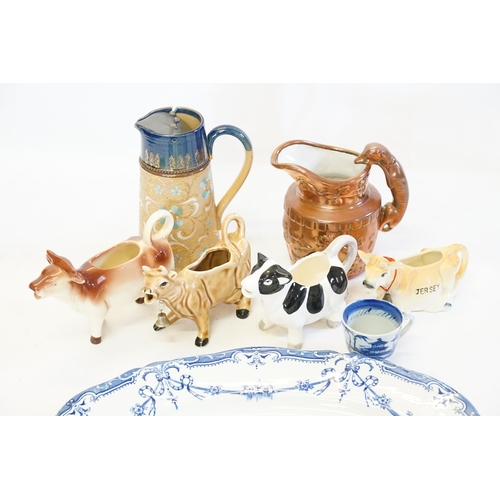 582 - Four Various Cow Creamers, a Royal Doulton Hot Water Jug, Copper Lustre, Meat Plate, etc.