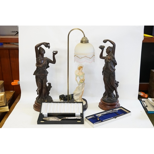 722 - A Pair of French Spelter Figurines depicting drunken revelry along with a Collectors Table Lamp depi... 