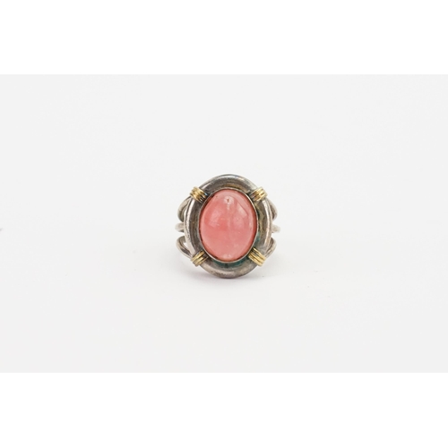 162 - A silver coloured white metal pink stone set ring. Marked 750 & 950. Weight 8.6g. Size L.