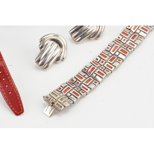 166 - A collection of costume jewellery, to include a silver red enamelled art deco style bracelet, silver... 