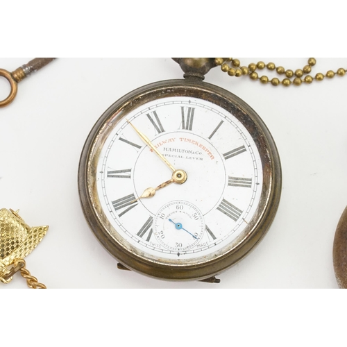 194 - A early Hamilton & Co railway time keeper, along with a Amida pocket watch and one other.