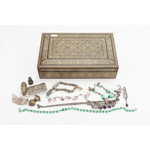 167 - A collection of costume jewellery, contained in an inlaid mother of pearl box. To include silver jew... 