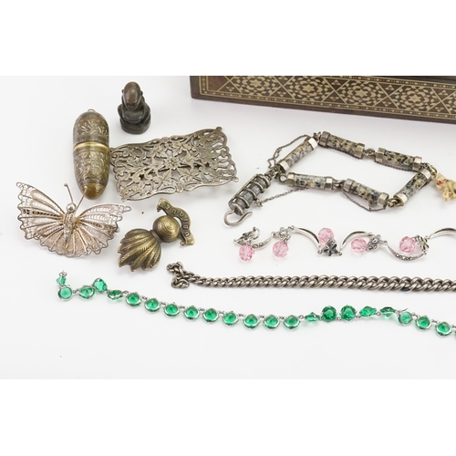 167 - A collection of costume jewellery, contained in an inlaid mother of pearl box. To include silver jew... 