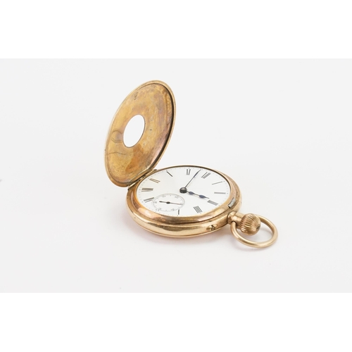 207 - A 14ct Gold plated Half Hunter Pocket Watch with a Roman numeral white dial.