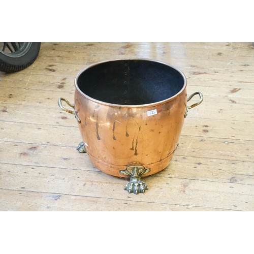 725 - An Antique Dutch Riveted Copper & Brass Log Bucket with Carrying Handles & resting on Claw Feet. Mea... 