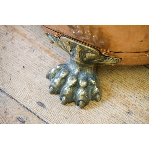 725 - An Antique Dutch Riveted Copper & Brass Log Bucket with Carrying Handles & resting on Claw Feet. Mea... 