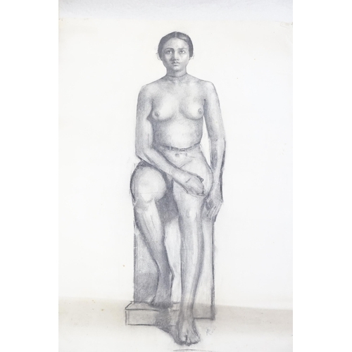 406 - A 1920s Study in Charcoal of Nude Hindi Girl with a signature MO along with two signed engravings by... 