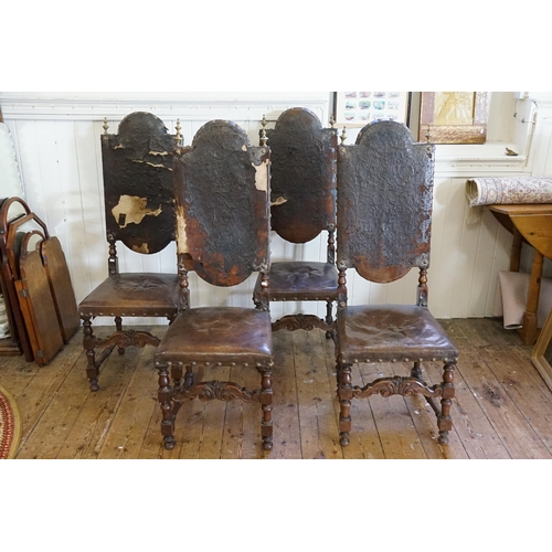 595 - A Set of Four Mahogany Framed Charles II Chairs with Brass studied 17th century Spanish Leather Back... 