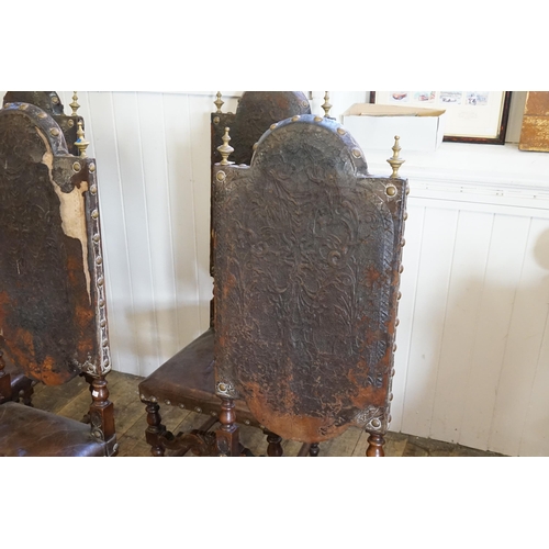 595 - A Set of Four Mahogany Framed Charles II Chairs with Brass studied 17th century Spanish Leather Back... 