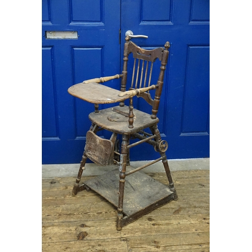 613 - A Much Loved Antique Child's High Chair with under stretcher, swept back & acorn Knobs. (Wormed).