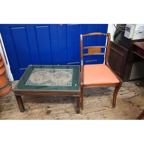 631 - A Regency Rope Work Chair & a Glass Topped Map Table.