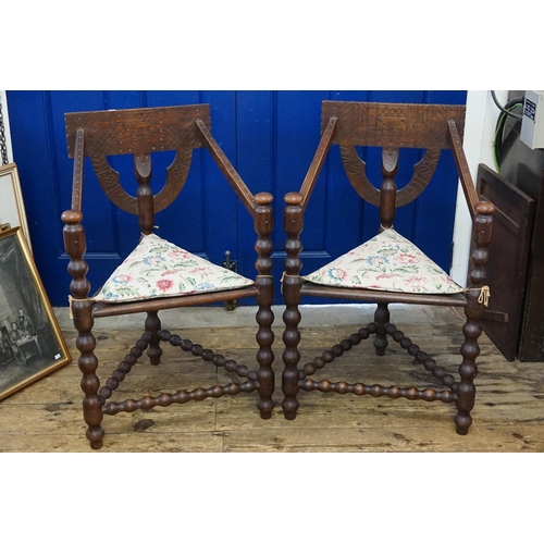 633 - A Pair of Carved Back & Wooden Bobbin Turned Framed Nordic Corner Chairs with chip carve decoration.