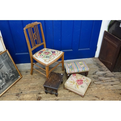 639 - Three various Antique Foot Stools with needlework & Tapestry Seats along with an inlaid bedroom chai... 