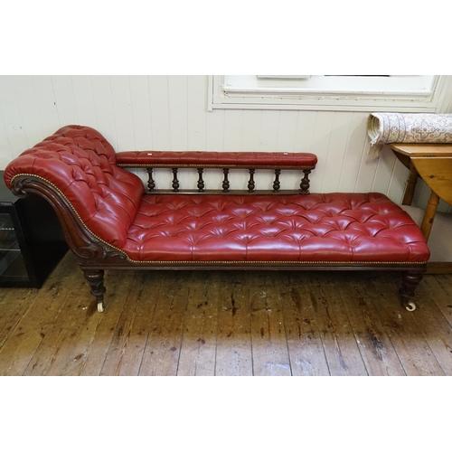 640 - A Victorian (Left Hand Sided) Chaise Lounges with Spindle Back, Acanthus Leaf Carving & Upholstered ... 