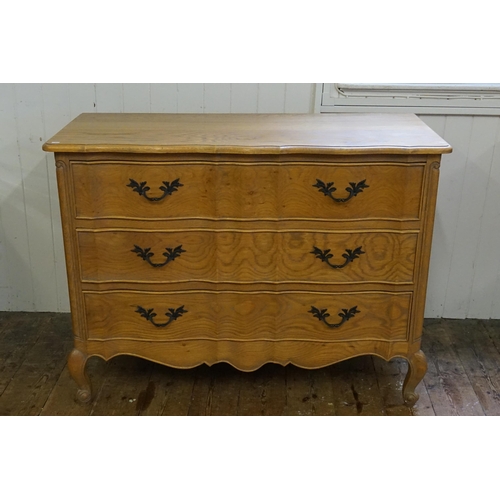 647 - A French Quarter Cut Oak Block Fronted Provisional Chest of Three Drawers with Brass Handles & panel... 