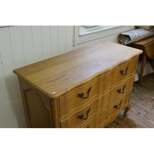 647 - A French Quarter Cut Oak Block Fronted Provisional Chest of Three Drawers with Brass Handles & panel... 