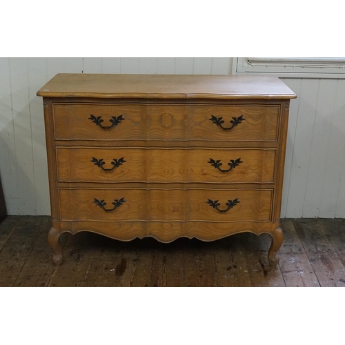 648 - A French Quarter Cut Oak Block Fronted Provisional Chest of Three Drawers with Brass Handles & panel... 