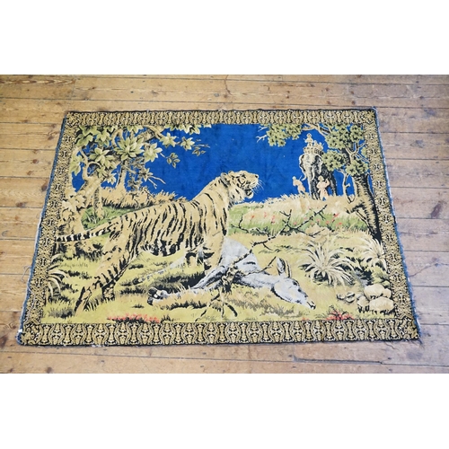 677 - A Belgian Pile Tapestry Wall Hanging depicting the Tiger Hunt in a Blue Ground with Elephant. Measur... 