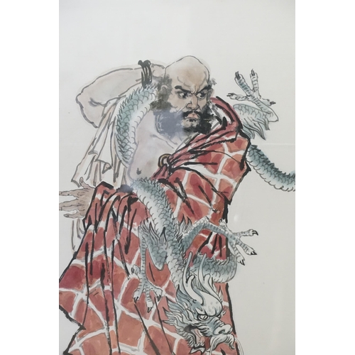 903 - A Japanese Water Colour of a God entwined with a Dragon with a Red Seal mark. Measuring: 82cms x 102... 