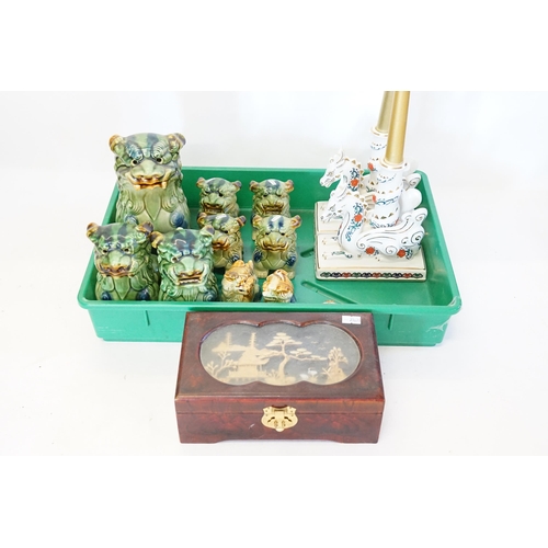 1027 - A Collection of Blue & Green Glazed Kylins, a pair of Dragon Candlesticks & a Corkwood Box.