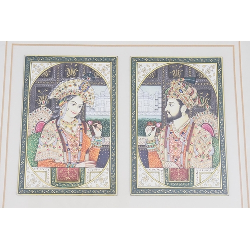 912 - A Pair of Indian Paintings of the Two Lovers in a Mogul setting holding flowers, Framed & Glazed.