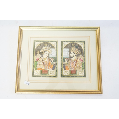 912 - A Pair of Indian Paintings of the Two Lovers in a Mogul setting holding flowers, Framed & Glazed.