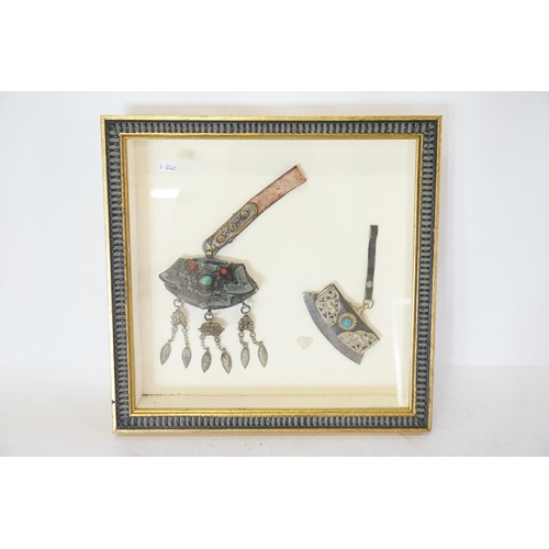 913 - An Indian Gem Set Purse Tobacco Box & a similar Tobacco Cutter, White metal mounts, Framed & Glazed.