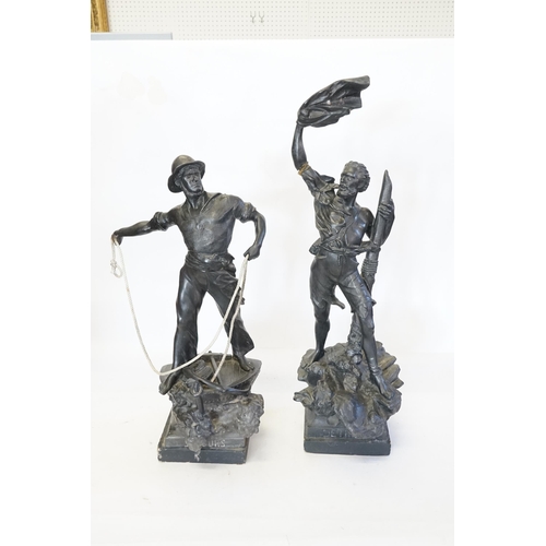 710 - A Pair of French Studies of Naval Figures in a Spelter effect. Standing: 57cms high. (One As Found).